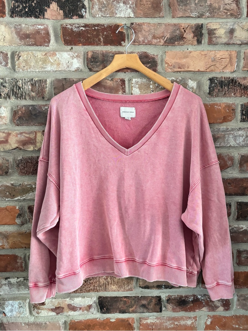 American Eagle Pink Cotton Blend V Neck Relaxed Fit Pullover Sweatshirt, L